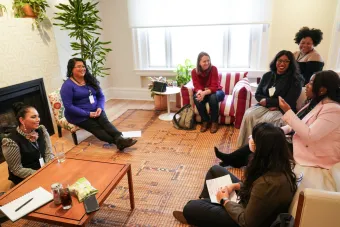 LBJ Women's Campaign School students talk with a mentor